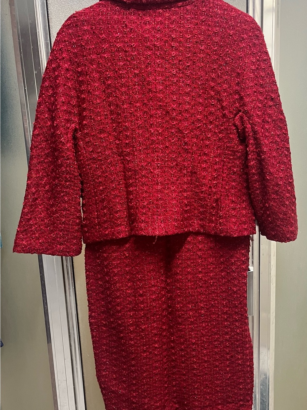 St. John Red Tweed Skirt Suit with Decorative Buttons - Picture 2 of 4